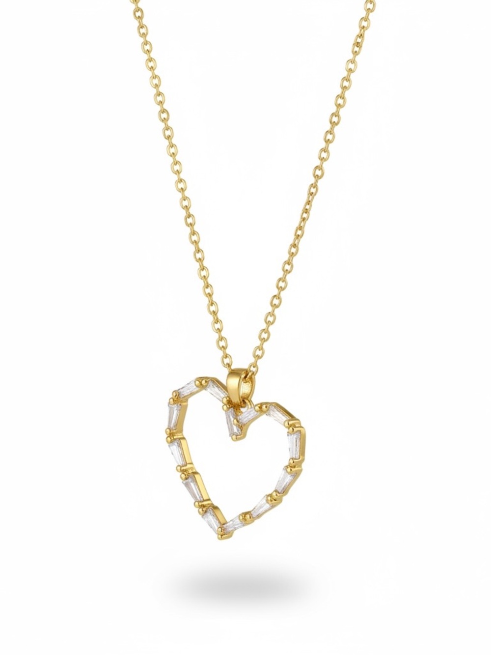 Gold Heart Outline Necklace with Clear Baguette Stones